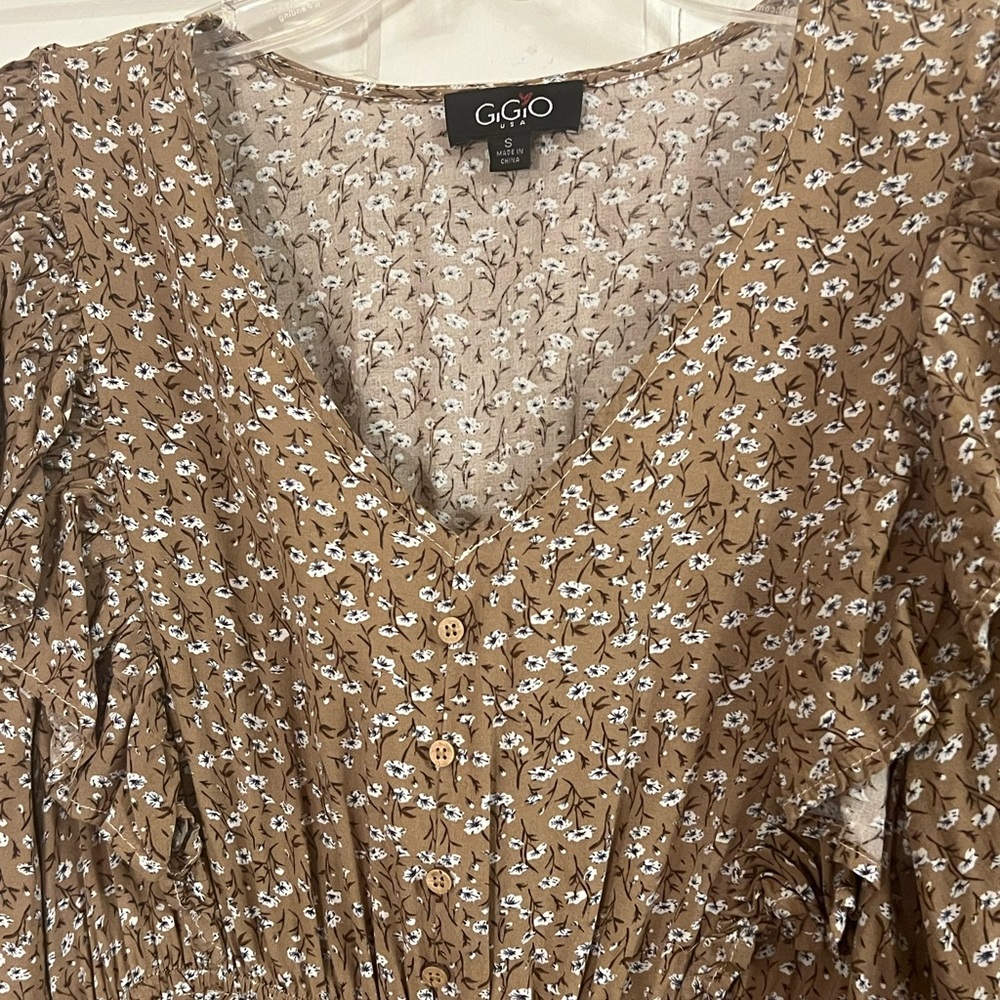 GigiO usa taupe floral ruffle lace accent midi dress